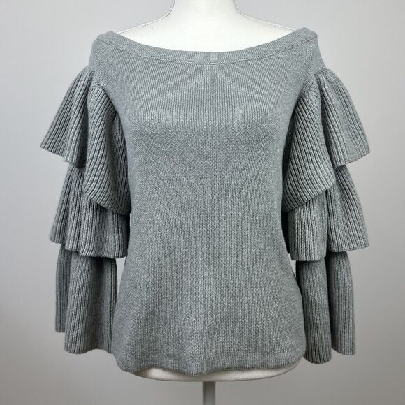 Endless Rose Sweater Romantic Ruffle Off Shoulder Tiered Sleeve Gray Small NWT - Picture 2 of 11